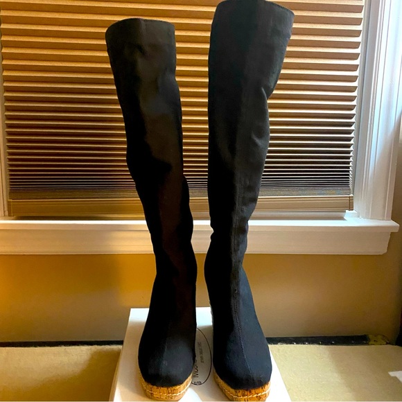 Black cotton knee length boots-size 8 - Picture 1 of 4